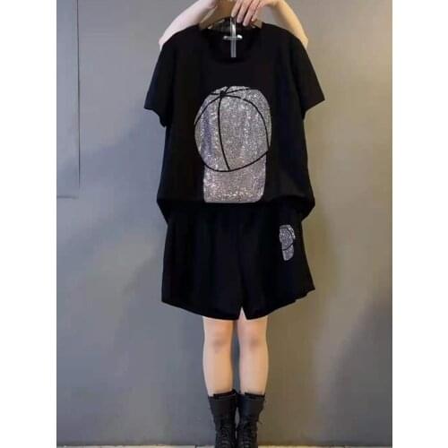 Black Sequined Loose 2 Pieces Women Sets Summer New 2021 O-Neck T-Shirts And Wide Leg Shorts Female Clothing Suits Top Quality