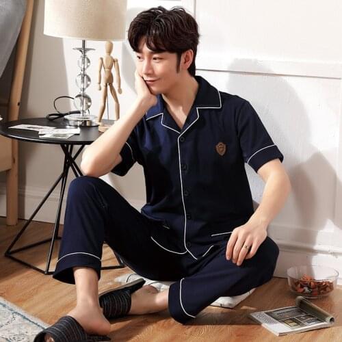 Men Set casual cardigan lapel short-sleeved trousers pajamas young and middle-aged cotton home service L-3L