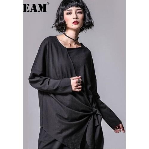 [EAM] 2021 New Spring Autumn Round Neck Long Sleeve Black Irregular Hem Bandage Big Size T-shirt Women Fashion Tide JO116