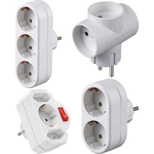 White CE Copper 16A 3Way 1 to 3 EU Schuko Adaptor Plug Turkey Portugal Germany Russia Wall Extension Power Switch Adapter Socket