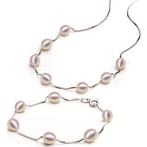925 sterling silver sets perfect freshwater pearl jewelry fine jewelry sets Necklace + Bracelet Free shipping