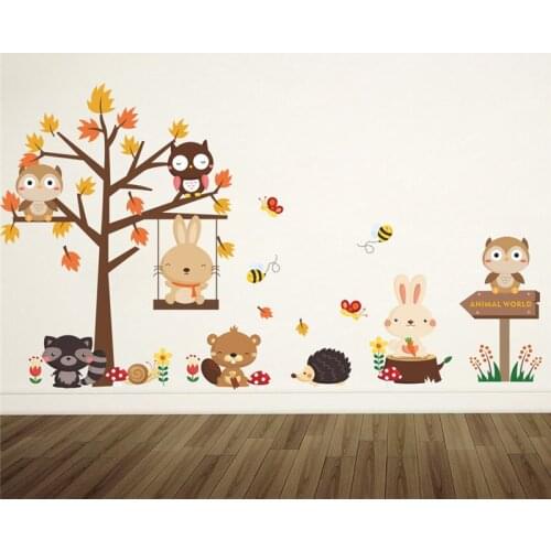 Brown Maple Tree Animals Wall Sticker Kids Room Decoration Cartoon Owl Rabbit Bear Safari Zoo Mural Art Diy Home Decal Posters