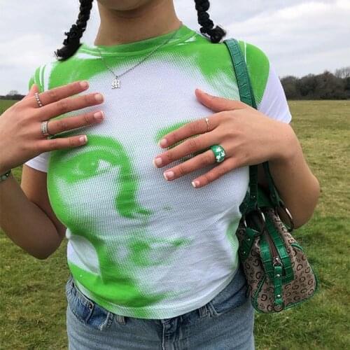 Y2K Crop Top Sexy Short Sleeve Crew Neck Self Cultivation Hip hop Face Printing Top Girl Corset Top