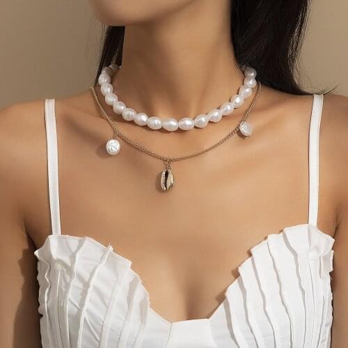 Fashion Layered Chain Gold Necklace Women Pearl Gold Shell Necklaces Jewelry for Girls Party