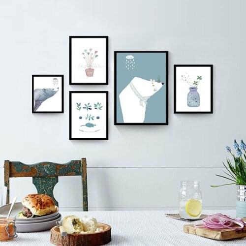 Cartoon Abstract Poster Nordic Wall Art Canvas Painting Polar Bear Raining Vase Leaves Smiley Pictures Home Living Room Decor