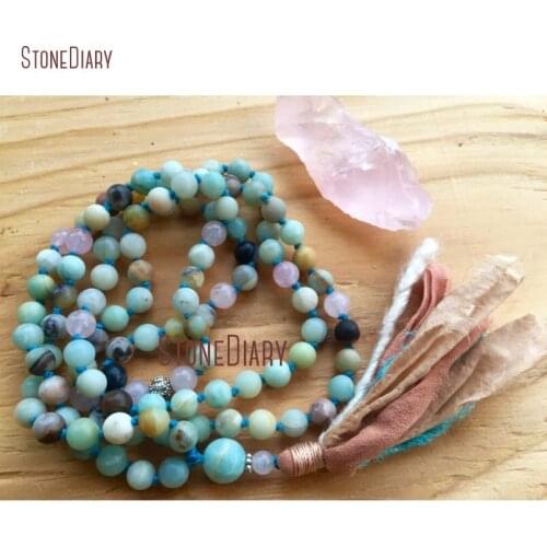 Knotted Amazonite And Rose Quartzs Sari Tassel Tassel 108 Beads Mala Necklace Feminine Moon Energy Beads Necklace NM11102