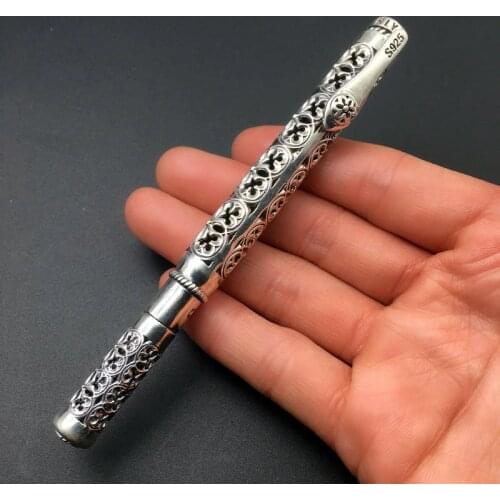 Pure 100% 925 Silver Sterling Pen Gift For Men Vintage Carved Openwork Business Ballpoint Pen Pendant 925 Silver Jewelry