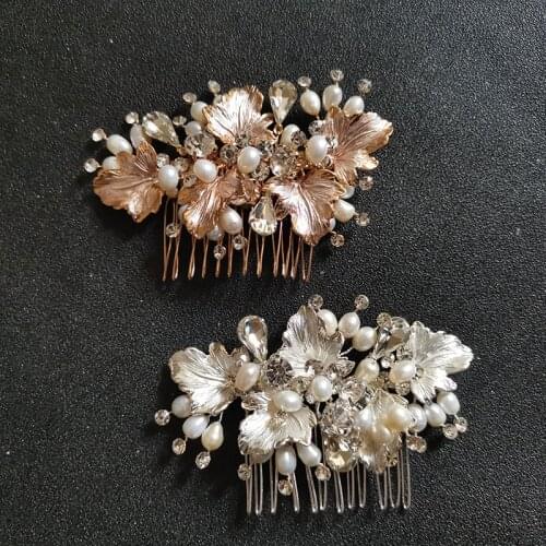 SLBRIDAL Handmade Golden Freshwater Pearls Rhinestones Crystal Alloy Leaf Bridal Hair Comb Wedding Hair Accessoies Women Jewelry