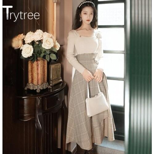 Trytree 2021 Spring Autumn Two Piece Women Sets Square Collar Knitted Tops + Belt Plaid A-line Skirt Office Lady 2 Piece Set
