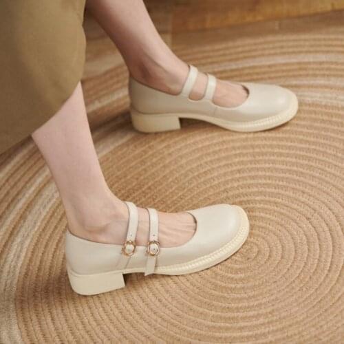 Ochanmeb Buckle Strap Mary Jane Shoes Women Natural Genuine Leather Shoes Woman Oversize 43 Big Round Toe Lolita Shoes Footwear