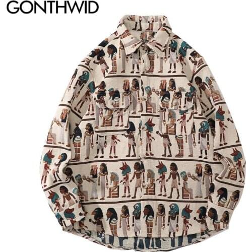 GONTHWID Harajuku Streetwear Shirts Coats Vintage Egyptian Stripe Shirt Jackets Hip Hop Fashion Blouse Loose Casual Button Top