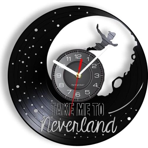 Take Me To The Moon Neverland Vintage Black Wall Clock For Kids Room Nursery Timepieces Laser Cut Re-purposed Record Wall Clock