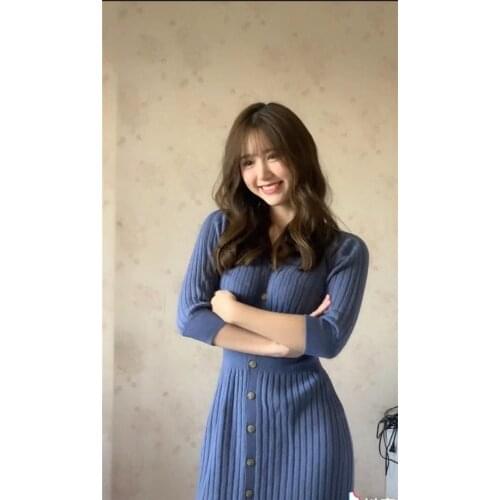 Japanese 2021 four seasons new V-neck button dress womens knitting 5-point sleeve slim dress