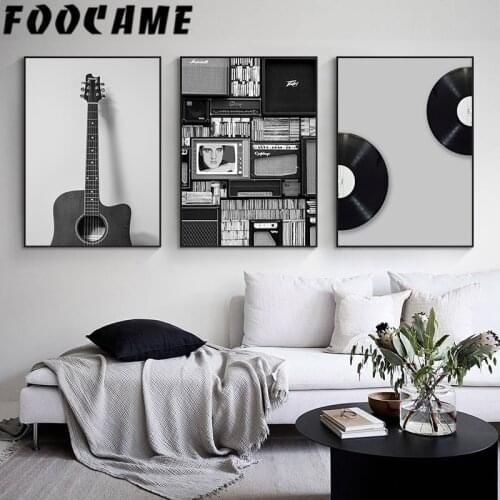 Retro Guitar Record Black and White Canvas Print Minimalist Modern Poster Nordic Wall Art Painting Decor Pictures Home Room