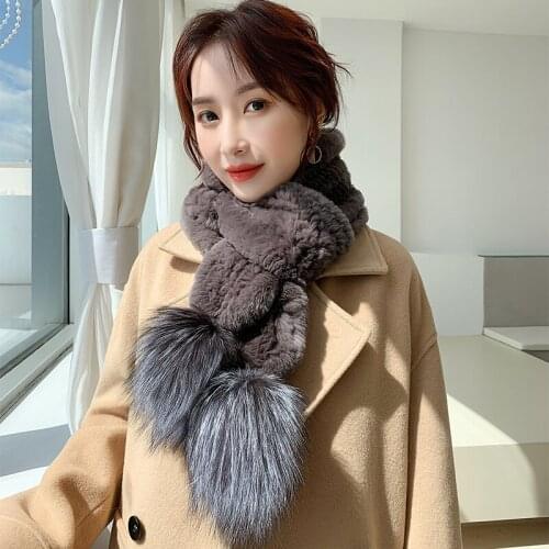 Lantafe Women Scarf Winter Scarf Real Fur Rex Rabbit Fur Fox Fur Ball Decoration Winter Accessories Stitching Color Long Style