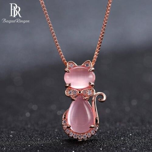 Bague Ringen Lovely Cat Ross quartz Necklace for Women Temperament Rose Gold Color Silver 925 Jewelry Animal Dating Accessories