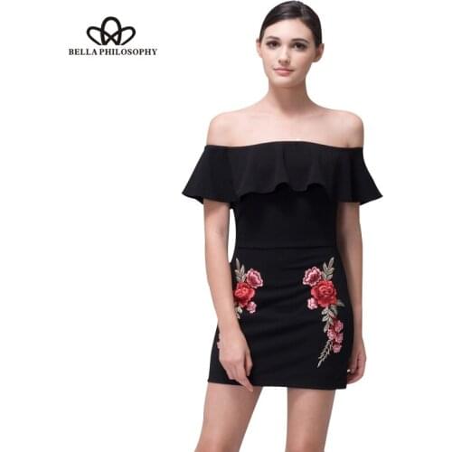 Bella Philosophy spring summer fashion sexy flowers embroidery slash neck off shoulder ruffles bodycon dress white black mini