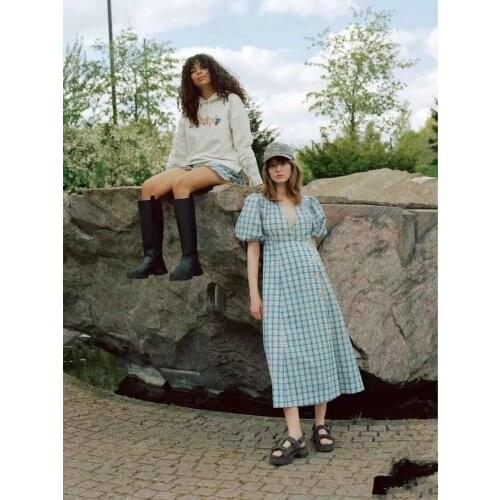 Women Dress Autumn 2021 New Check V-neck Puff Sleeve Long Dress Women