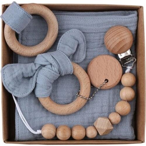 1 Set Pacifier Clips Chain Cotton Baby Bibs Teether Saliva Towel Pacifier Chain Bunny Ear Wooden Baby Gym Ring Teething Bracelet