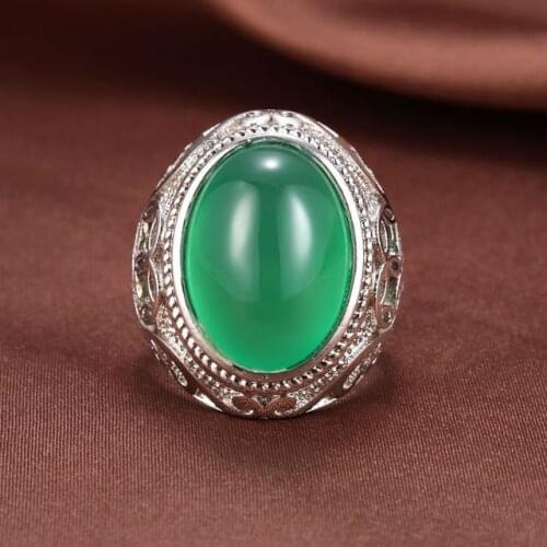 100% real green chalcedony jade ring with 925 sterling silver men rings resizable ring diamond brand ring natural stone jewelry