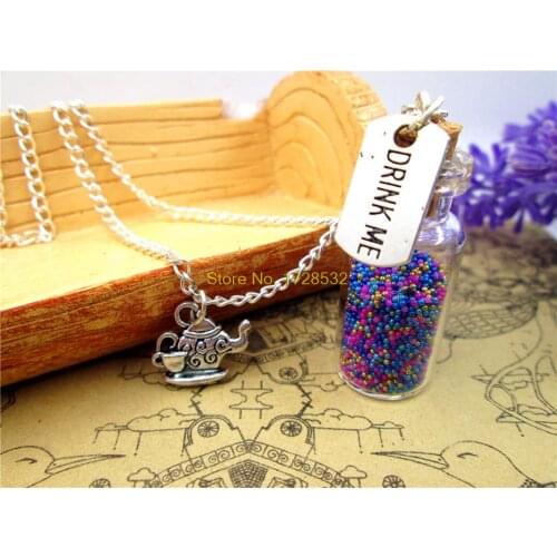 12pcs/lot Drink Me necklace alice in wonderland teapot necklace 2ml glass bottle (inside:9 colors)