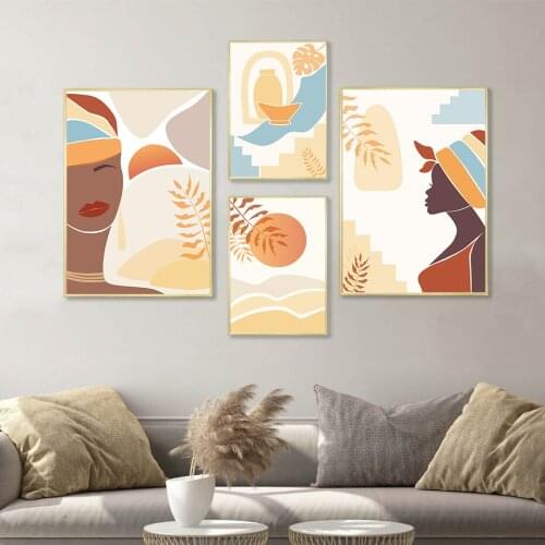 Abstract African Woman Poster Plants Shapes Landscape Wall Art Print Canvas Painting Minimalistic Style Interior Room Decoration