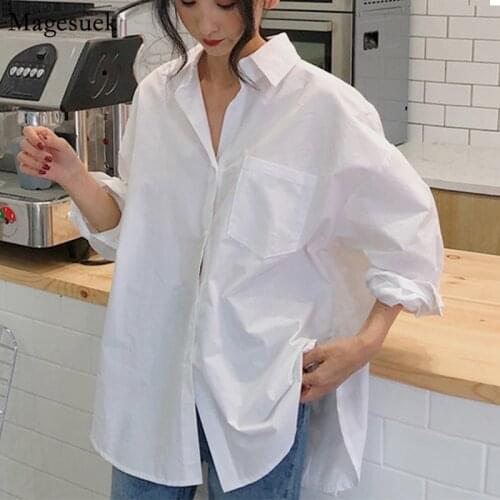 Women Shirts Tops 2021 Autumn Womens Fashion Long Sleeve Blouses Stand Collar Solid White Black Loose Cardigan Blusas 10619