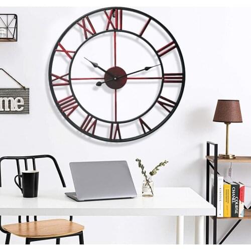 Large 18" Classic Fashion Clock Vintage Mute Metal Wall Mounted Clock Round Hollow Iron Art Wall Decor Living Room Decoration