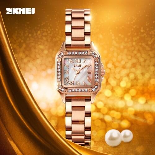 New Arrival Stainless Steel Women Quartz Watches SKMEI Top Luxury Analog Quartz Clock with Diamond Fashion Ladies Reloj Mujer