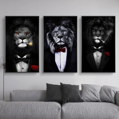 Black Wild Lion in a Suit Canvas Art Posters And Prints Abstract Lion Smoking a Cigar Canvas Paintings On the Wall Art Pictures