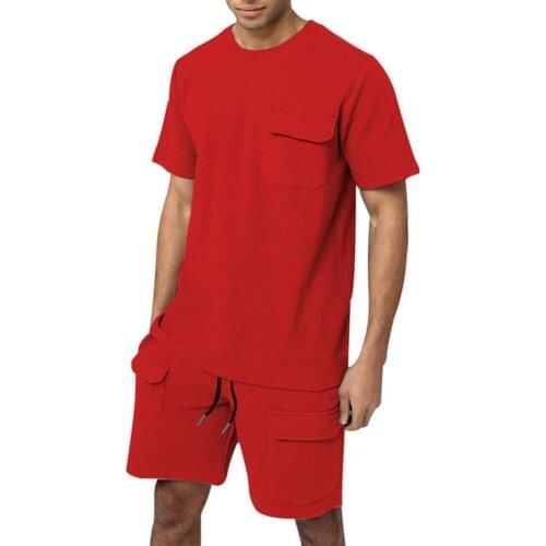 Men Set Summer Solid Color Pockets 2-piece T-shirt Shorts Tracksuit Sportswear Activewear for Casual Sportswear Male Clothing