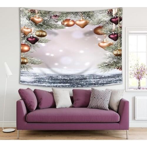 Tapestry Christmas Holiday Decoration with Fir Branches Balls Heart Shaped Ornaments Snow Covered Land White Gold Art