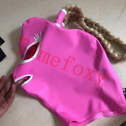 Unisex Latex Mask Bondage Mask with zip Rubber Hoods bdsm Halloween Accessories pink color hoods cosplay
