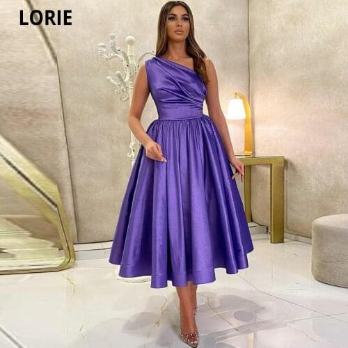 LORIE 2021 Simple Satin A Line Short Evening Party Dresses One Shoulder Pleats Tea Length Saudi Arabic Prom Gowns Plus Size