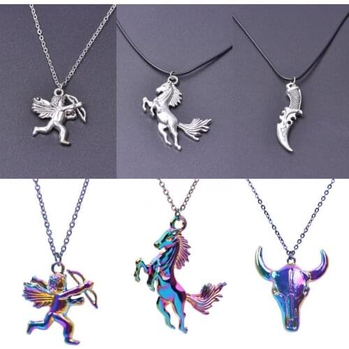 Hip Hop Harajuku Metal Cupid Angel Sword Charms Necklaces Animal Running Horse Bull Head Pendant Choker Women Men Gift Jewelry