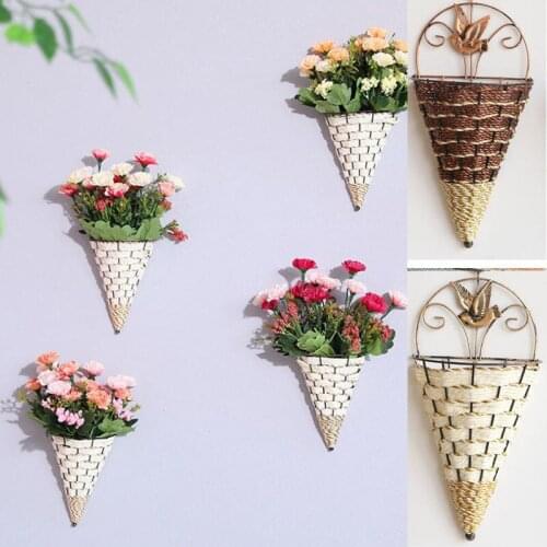 Natural Wicker Flower Basket Wall Hanging Pot Planter Rattan Vase Basket Decor Props Pendants Ornaments