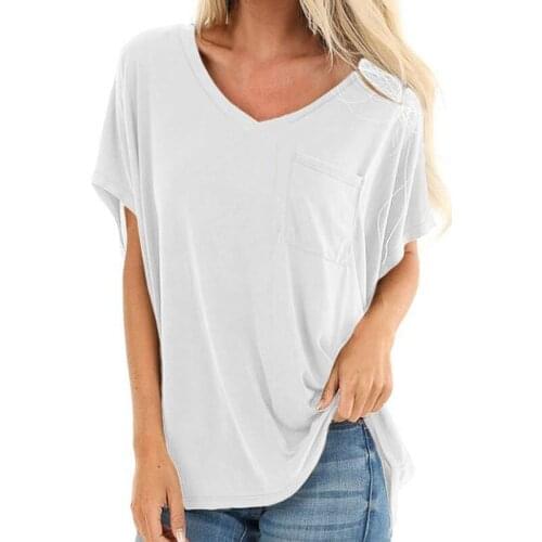 Solid Color Fashion womens V-neck Casual Sexy Pocket T-shirt Basic Models Wild Loose Female T-shirt