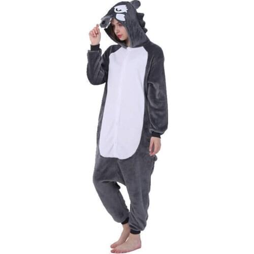 2020 Adults Animal Pajamas Cartoon Sleepwear Wolf Pajamas Sets Anime Kigurumi Women Men Warm Flannel Hooded
