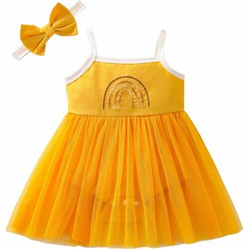 2021 0-12M Baby Girls Dress Casual Suspender Romper Fresh Rainbow Embroidery Mesh Yarn Hem Jumpsuits and Headband Summer 2pcs