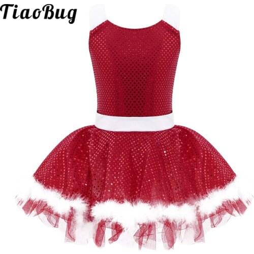 Sequin Ballet Dress Kids Girls Christmas Prom Party Costume Sequined Flower Dress Gymnastic Leotard Tutu Dress Dance Wear Red