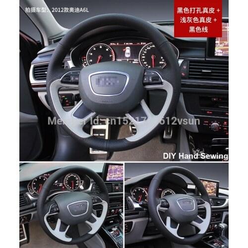 For Audi A6l 2012 High Quality Hand-stitched Anti-Slip Black Gray Leather Black Thread DIY Steering Wheel Cover