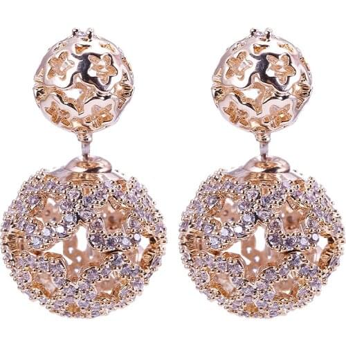 XIUMEIYIZU Luxury 16mm Hollow Ball Earring Paved Full Cubic Zirconia Reversible Double Ball Stud Earring for Wedding Anniversary