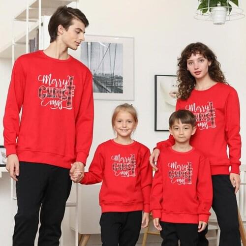 Family Look Christmas Sweatshirt Letters Print Round Neck Long Sleeves Pullover Tops Matching Outfits Couples Matching Clothing