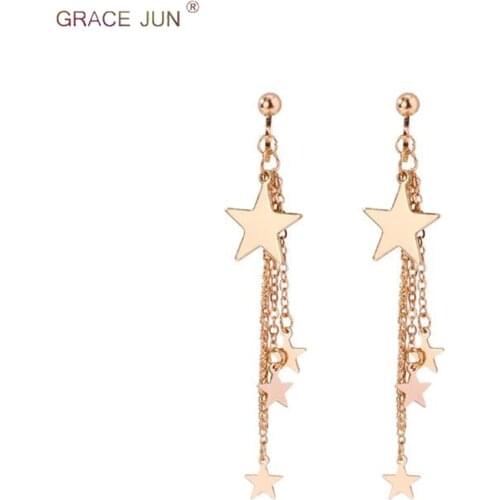 GRACE JUN New Style Clip on Earrings No Pierced for Women Fashion Gold Color Tassel Star Shape Drop Pierced Earrings Korea Style