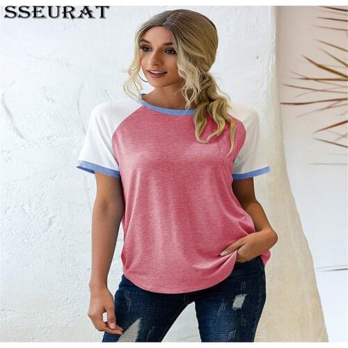 SSEURAT Summer Womens Fashion Top Round Neck Tri-Color Patchwork Casual Short-Sleeved T-Shirt