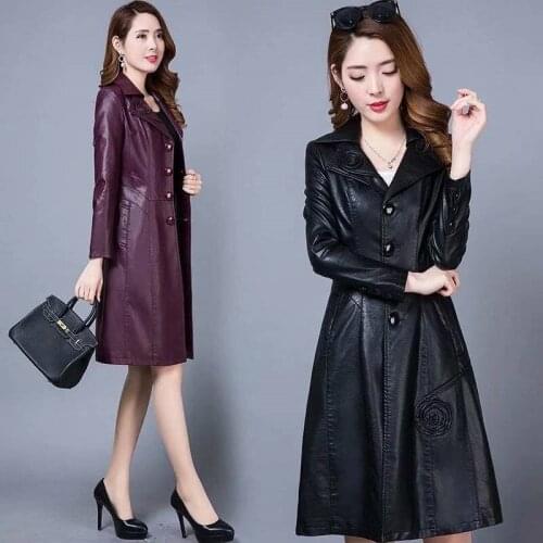 XL-8XL Slim PU Leather Jacket Women Long Coat 2020 New Korean Fashion Plus Size Autumn Embossing Leather Windbreaker Women f1874