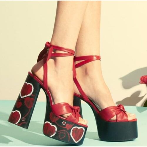 Moraima Snc Love Heart Printed Platform Leather Sandals Summer Peep Toe Lace-up ThicK heels Woman Shoes Cutouts Party Dress Heel