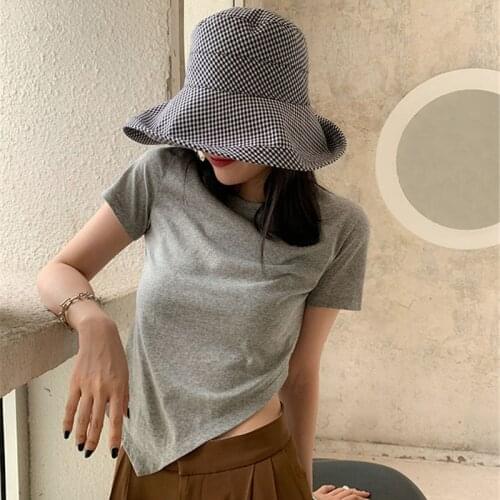 Irregular Crop Top T Shirt Women 2021 Summer New Solid Color Korean Style Tops Bareback Slim Womens Blue Cotton T-Shirt Design