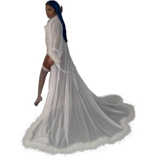 Women Feather Bathrobe Chiffon Bridal Bathgown Fur Robe Luxury Sheer Pajamas White Feather Nightdress Maternity Dressing Gown