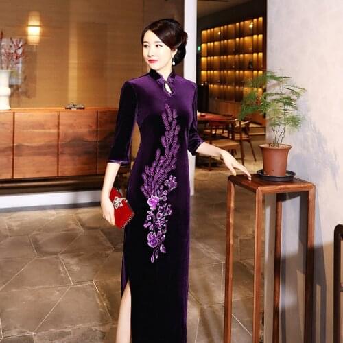 Sheng Coco Velour Purple Cheongsam Dress Peacock Flowers Embroidered High Archives Long Qipao Chinese Dress Women Clothing